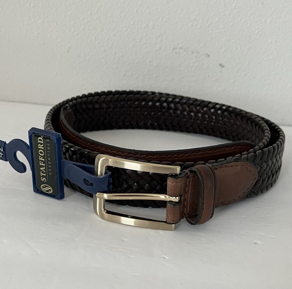 Stafford Mens Sz 42 Genuine Leather Belt Brown Two Tone Woven Braid Classic NWT